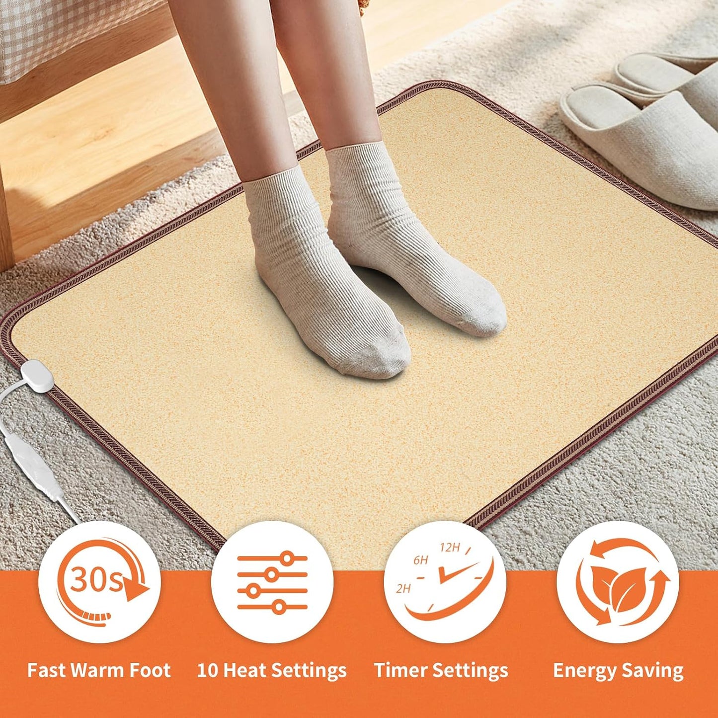 Heated Floor Mat, Foot Warmer Under Desk, Feet Heating Pad with 10 Heat Settings and Timer, Fast Heating for Office, Home, Study Play Room 120V 60W 18.5x14.2 inch SZ