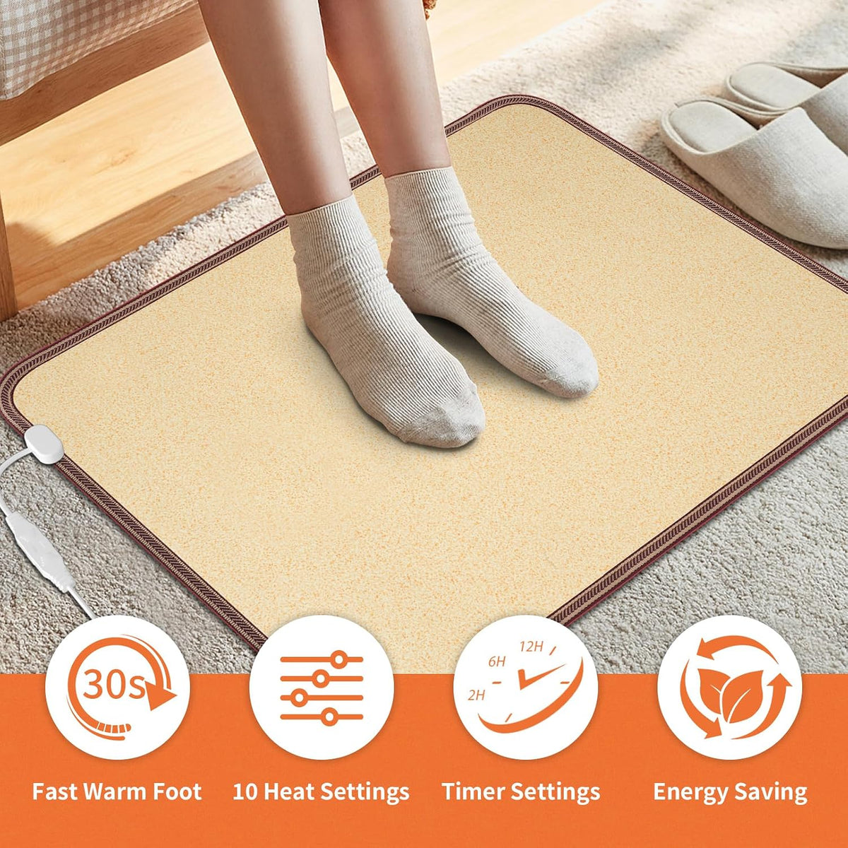 Heated Floor Mat, Foot Warmer Under Desk, Feet Heating Pad with 10 Heat Settings and Timer, Fast Heating for Office, Home, Study Play Room 120V 60W 18.5x14.2 inch SZ