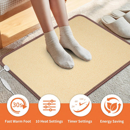 Heated Floor Mat, Foot Warmer Under Desk, Feet Heating Pad with 10 Heat Settings and Timer, Fast Heating for Office, Home, Study Play Room 120V 60W 18.5x14.2 inch SZ