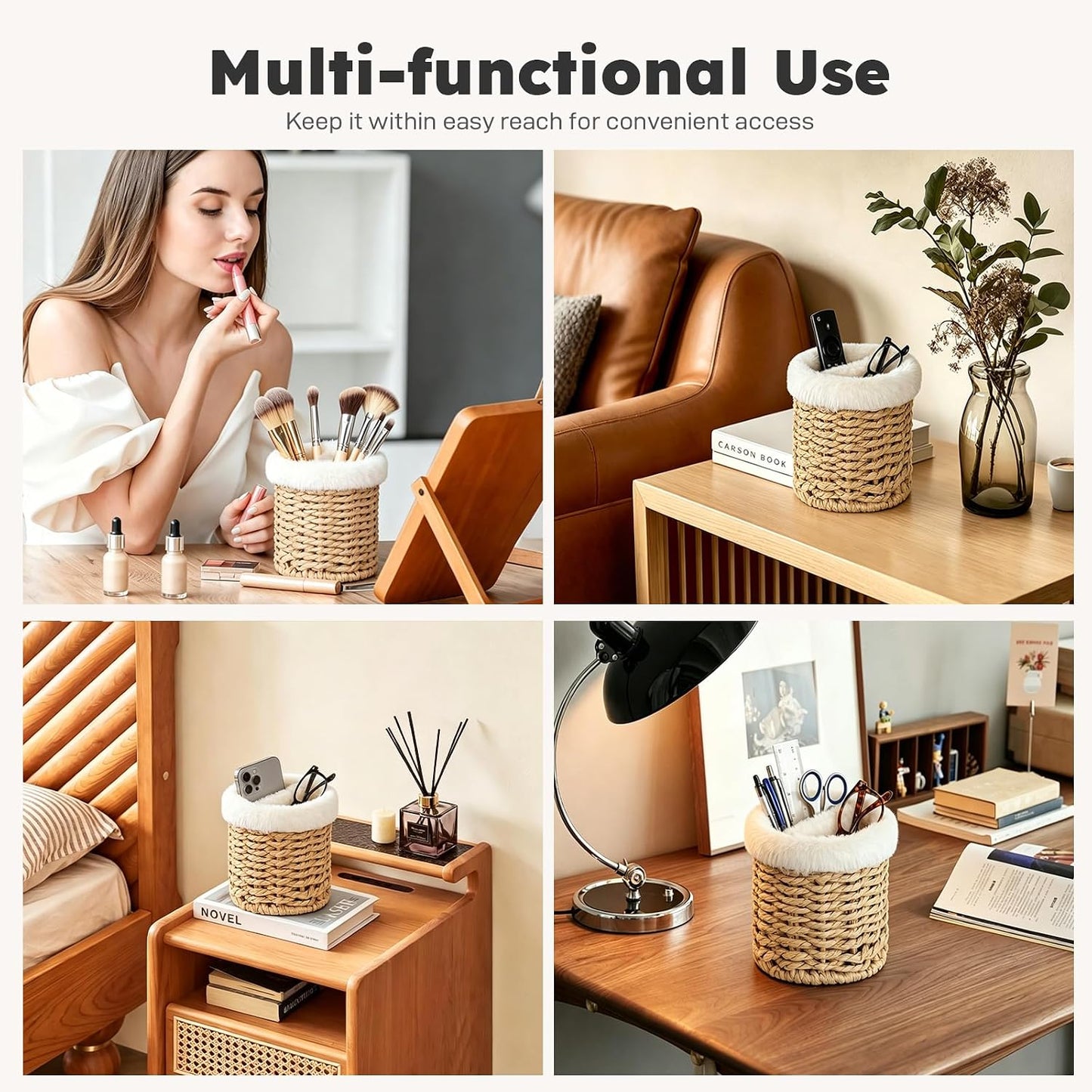 Glasses Holder, 2 Compartment Plush Lined Eyeglass Holder Paper Rope Eye-glasses Storage Organizer for Nightstand