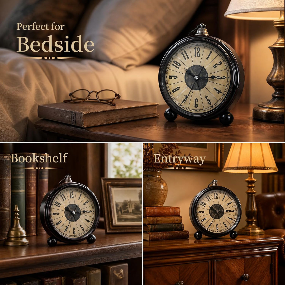 Metal Analog Alarm Clock - 5'' Battery Operated Silent Non-Ticking Quartz Antique Retro Small Desk Clocks for Bedside Bedrooms Living Room Office Home Decor (Bronze)