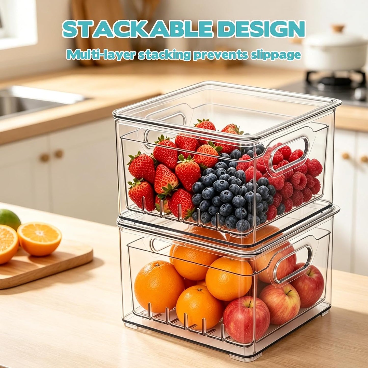 2 Pcs Transparent PET Fruit Draining, Washing Colander Food Storage Boxes, Plastic Cookie Containers, Refrigerator Organizers for Kitchen, Pantry, Vegetables, Fruits(2 Square)