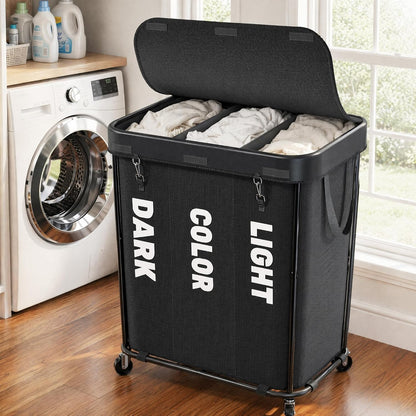 Laundry Sorter with Wheels 240L Rolling Laundry Cart,3 Compartment Designed Removable Laundry Bag for Daily Use in Bathrooms and Laundry Rooms (Brown, 240L)