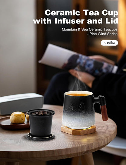 suyika Tea Cup with Infuser and Lid, 15.2 Ounce Wood Handle Ceramic Loose Leaf Mug Gradient Black&Green 450ml
