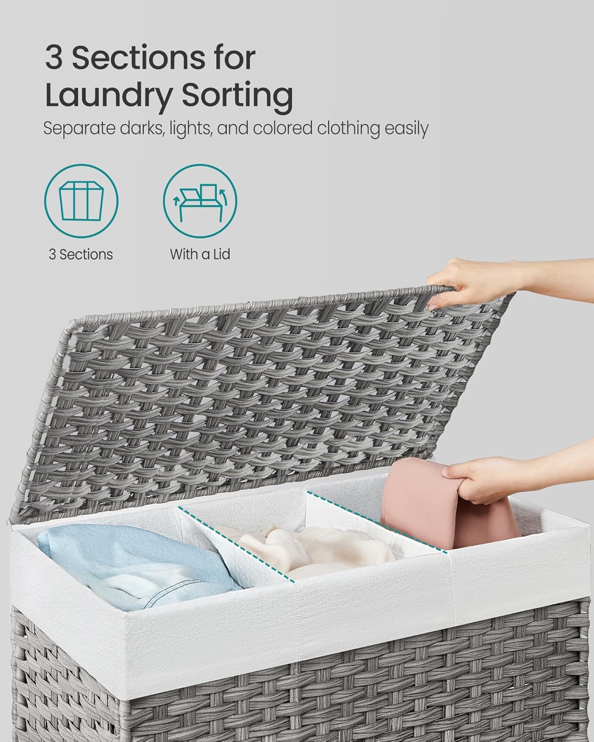 SONGMICS Laundry Hamper with Lid, 42.3 Gallons (160 L), Rolling Laundry Basket with Wheels, 3-Section Synthetic Rattan, Removable Liner, Bedroom, 29.9 x 13 x 26 Inches, Natural ULCB365N01