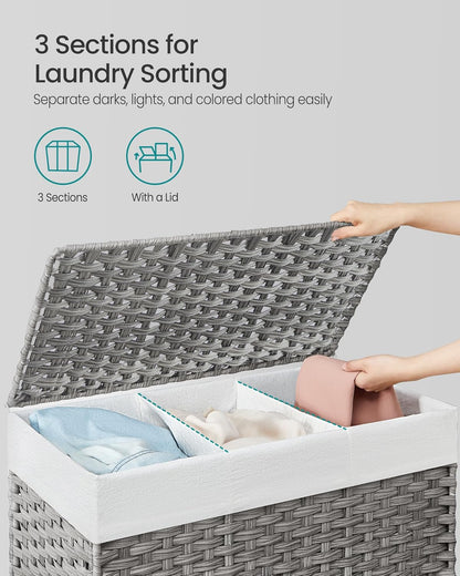 SONGMICS Laundry Hamper with Lid, 42.3 Gallons (160 L), Rolling Laundry Basket with Wheels, 3-Section Synthetic Rattan, Removable Liner, Bedroom, 29.9 x 13 x 26 Inches, Natural ULCB365N01