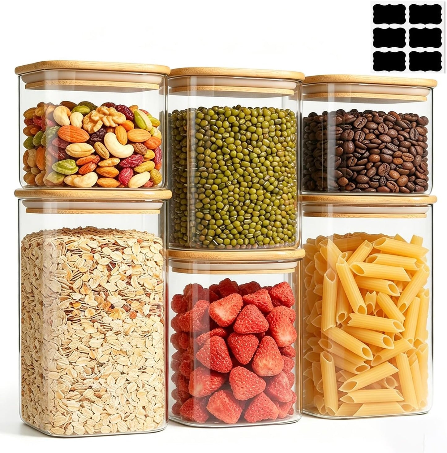 ComSaf Spice Jars 8oz Set of 6, Small Seasoning Containers with 9 Labels | Small Glass Jars With Labels, Empty Rectangle Canisters, Spice Rack Organization, Loose Tea, Herb, Powder, Dry Good, BPA Free