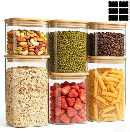 ComSaf Spice Jars 8oz Set of 6, Small Seasoning Containers with 9 Labels | Small Glass Jars With Labels, Empty Rectangle Canisters, Spice Rack Organization, Loose Tea, Herb, Powder, Dry Good, BPA Free