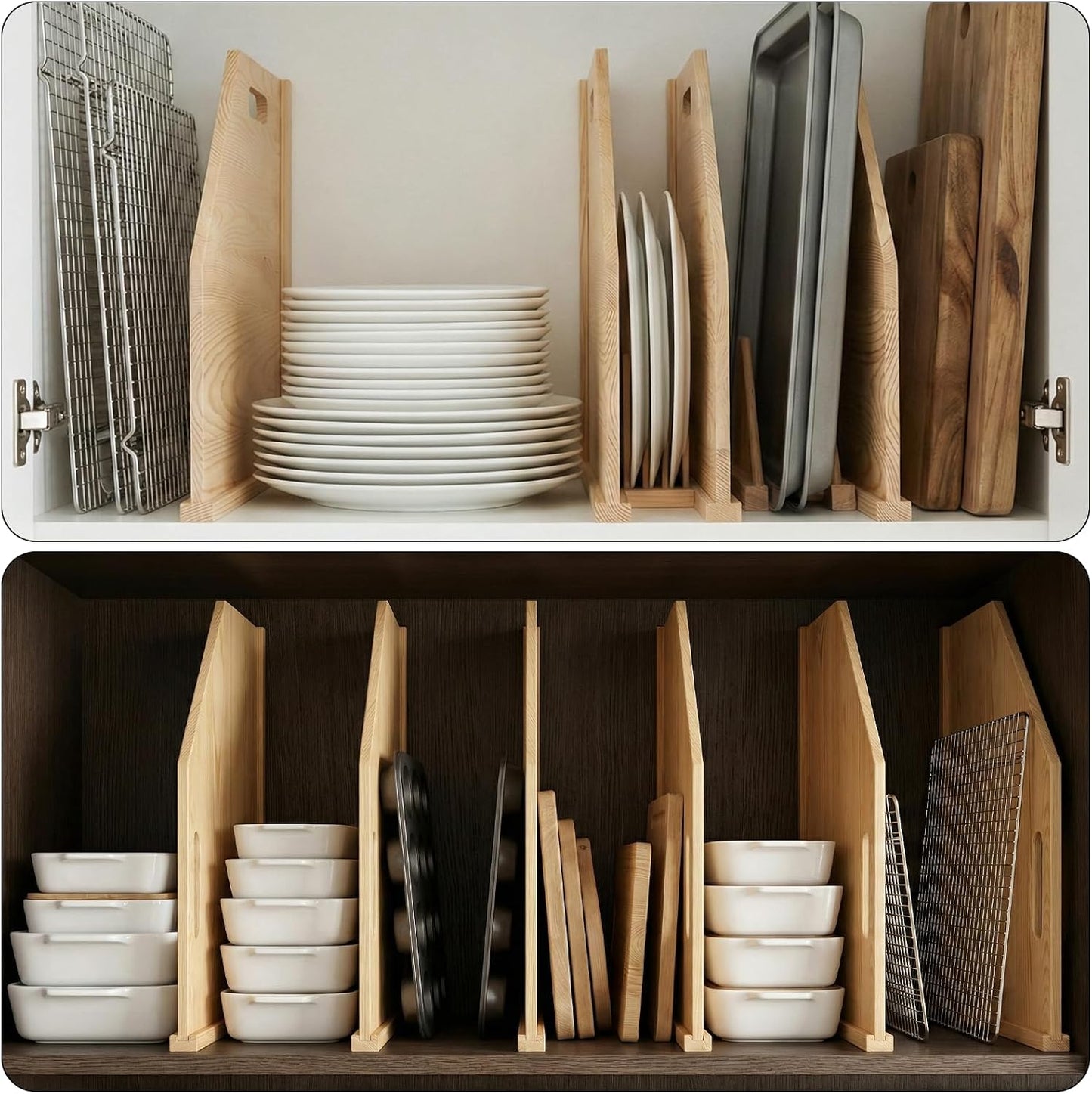 4 Pack Solid Wood Tray Dividers for Cabinet, Cookie Sheet Organizer for Cabinets, Baking Sheet Organizer, No-Cut Kitchen Cabinet Dividers, Cookie Trays for Kitchen, Pantry Storage