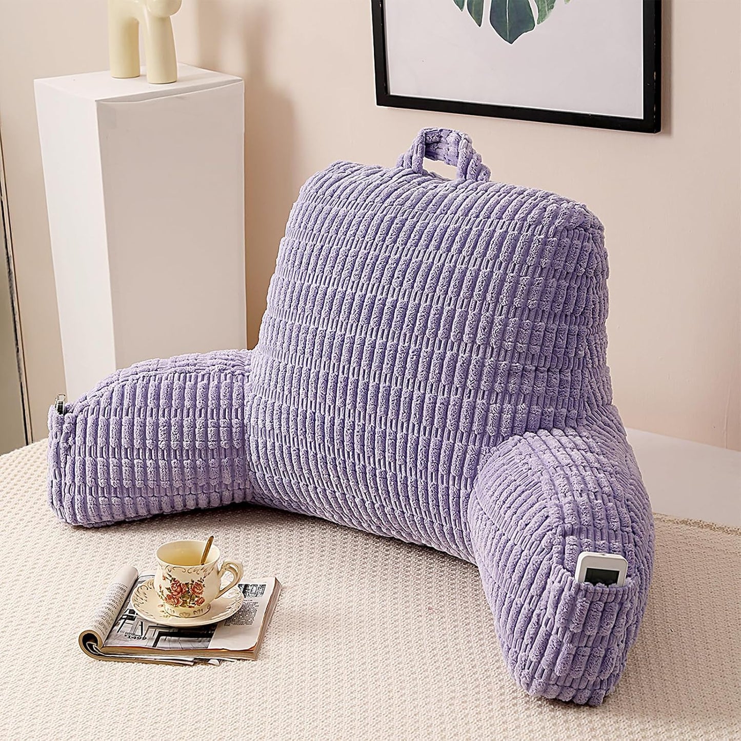 Reading Pillow for Sitting in Bed with Arm,White Corduroy, M | Sitting Pillow for Teens Back Support,17" Backrest Pillow Supports Reading,Gaming & Relaxing in Bed,Couch,Floor