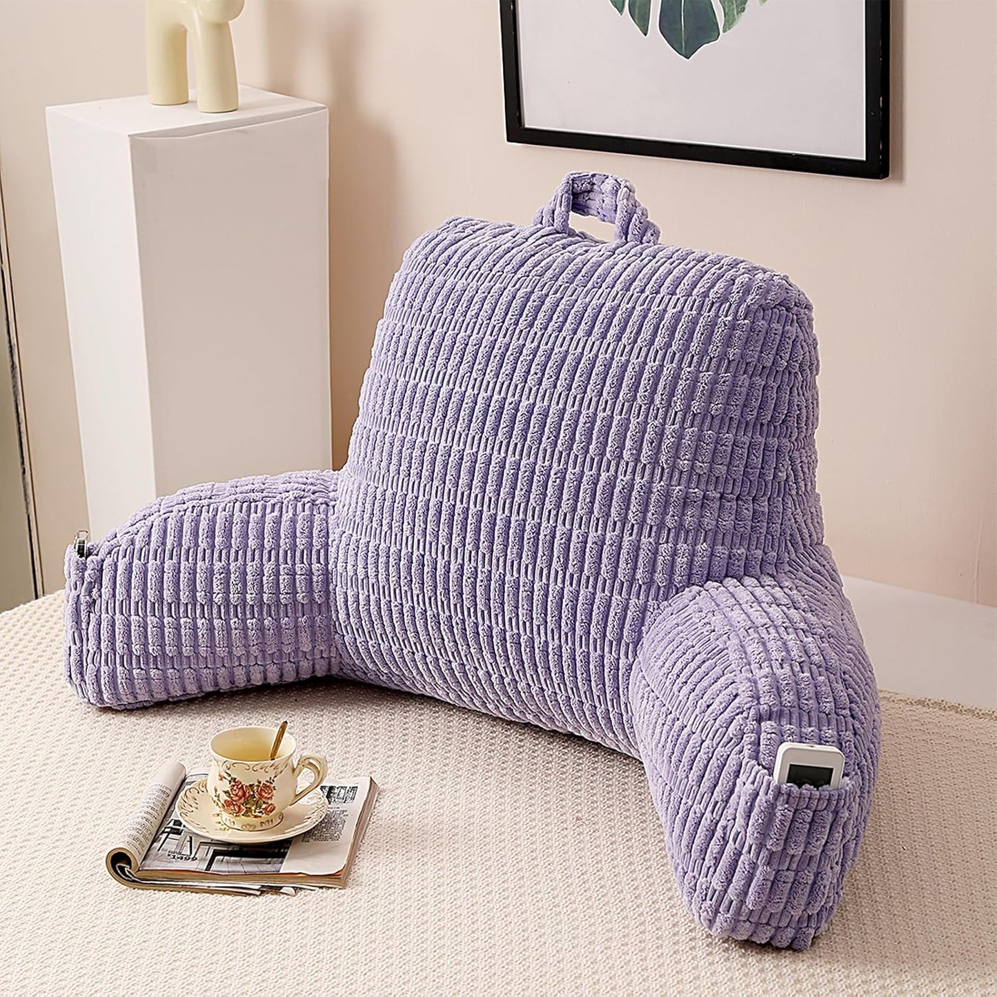 Reading Pillow with Arms for Sitting in Bed,Backrest,White Flannel,M | 17" Backrest Supports Back for College Students,Elbows & Forearms for Dorm Reading,Gaming,Watching TV
