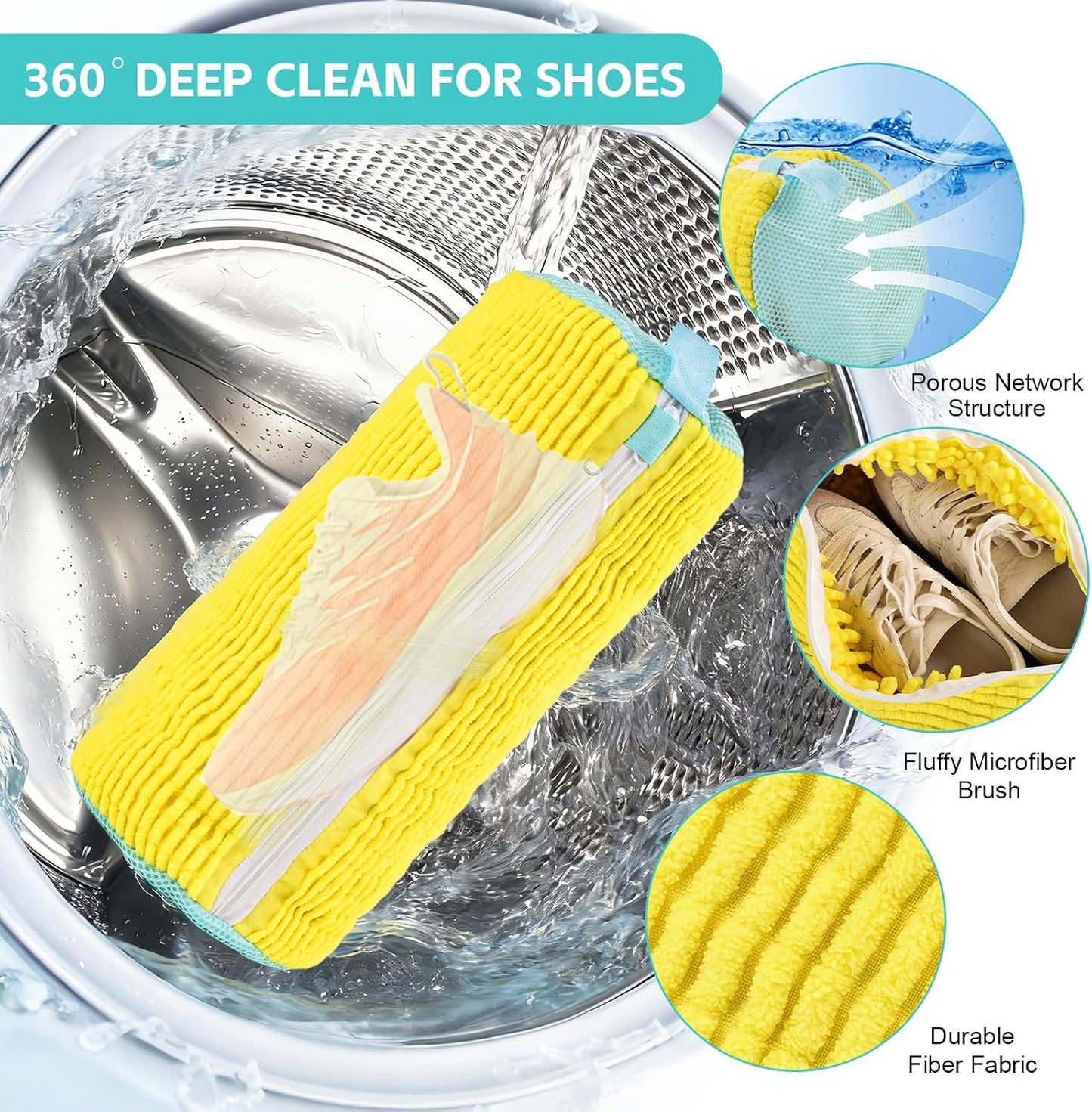 Shoe Washing Machine Bag Reusable Sneaker Washing Bag with Built-in Fluffy Brushes for 360° All-Around Cleaning, Laundry Shoe Bag is Designed for Washer and Dryer （Yellow 2pcs）