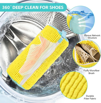 Shoe Washing Machine Bag Reusable Sneaker Washing Bag with Built-in Fluffy Brushes for 360° All-Around Cleaning, Laundry Shoe Bag is Designed for Washer and Dryer （Yellow 2pcs）