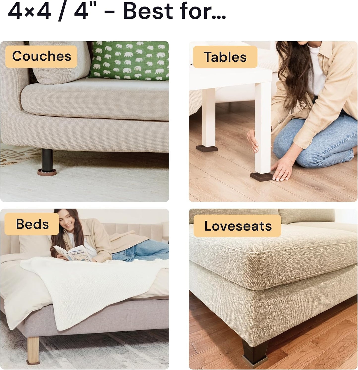 Non-Slip Furniture Pads - 4x4 in Brown, 4 Pack | Square rubber caster cups - anti-skid - Use for heavy sofas, beds & chairs on hardwood floors