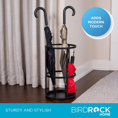 BIRDROCK HOME Decorative Umbrella Stand with Removable Water Tray - Large Freestanding Umbrella Rack and Cane Walking Stick Organizer - Metal Umbrella Holder for Entryway & Indoor Use - Black, Striped | Decorative Large Freestanding Rack and Cane Walking