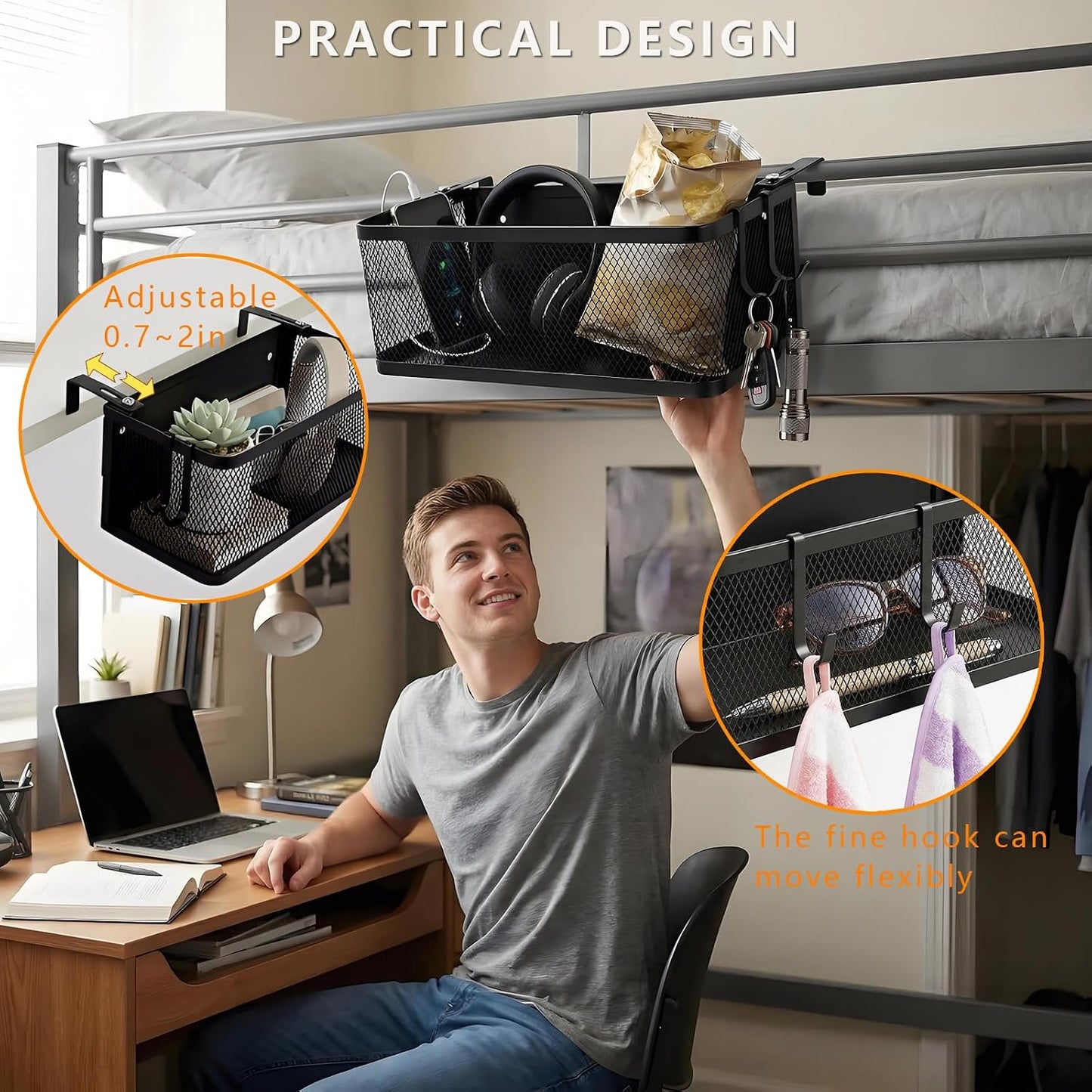 Bedside Caddy Shelf with Hook, Bed Shelf Organizer for Bunk Bed, Office Cubicle, Dorm Room, Holder for Phone, Snacks, Books (Black, 11*4.9*3.9 inch)