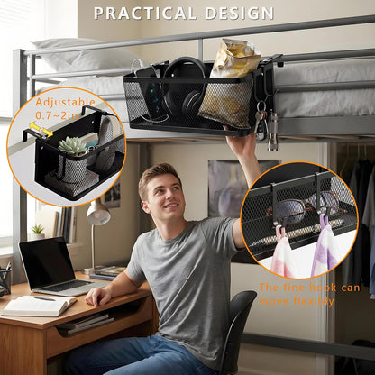 Bedside Caddy Shelf with Hook, Bed Shelf Organizer for Bunk Bed, Office Cubicle, Dorm Room, Holder for Phone, Snacks, Books (Black, 11*4.9*3.9 inch)