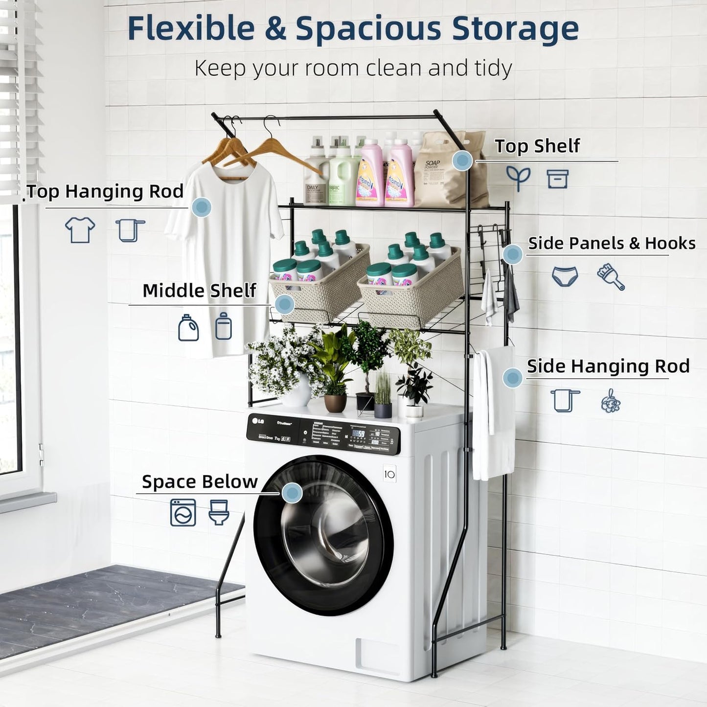 Laundry Room Storage Shelf & Organizer, 2 Tier Metal Over Washer and Dryer Shelves, Washing Machine Shelf with Hanger Rod, Expandable Bathroom Space Saver Shelf, 26–37" L x 15.8" W x 59.5" H, Black