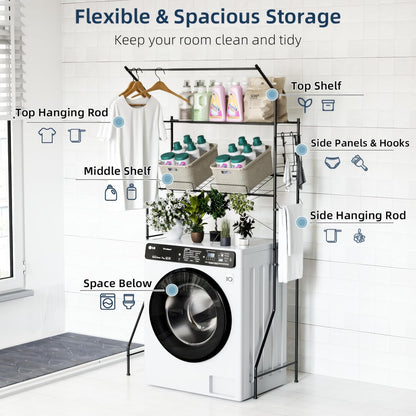 Laundry Room Storage Shelf & Organizer, 2 Tier Metal Over Washer and Dryer Shelves, Washing Machine Shelf with Hanger Rod, Expandable Bathroom Space Saver Shelf, 26–37" L x 15.8" W x 59.5" H, Black