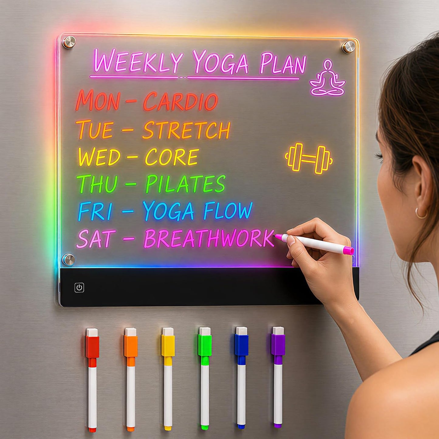 LED Acrylic Magnetic Dry Erase Board for Fridge, 14"*10.5" Weekly Planner Whiteboard, Rechargeable Clear Menu Board with 7Markers, 4 Light Effects, Magnetic Note to Do List/Meal/Grocery/Memo Planner