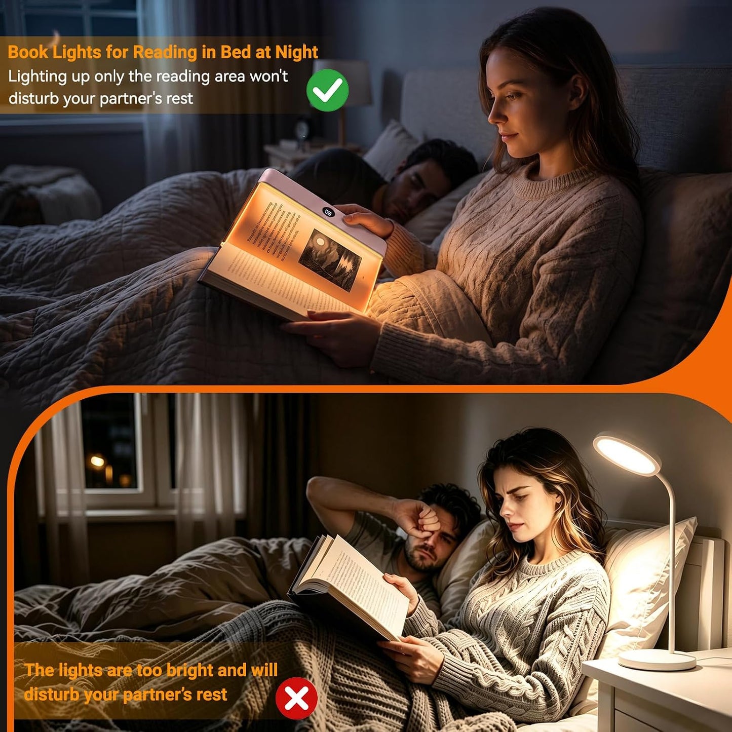 Amber Book Light, Rechargeable Clear LED Flat Reading Light with 3 Colors & Timer, Dimmable Panel Plate Lamp Book Full Page Light for Reading in Bed at Night, Funny Gifts for Readers Book Lovers