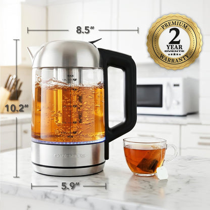 OVENTE 1.8L Glass Electric Kettle with Tea Infuser, Silver KGD752S | 1500W Fast Boiling, Easy Fill Lid, 7 Temperature Control, Keep Warm, Digital Display, Auto Shut-Off, Boil-Dry Protection