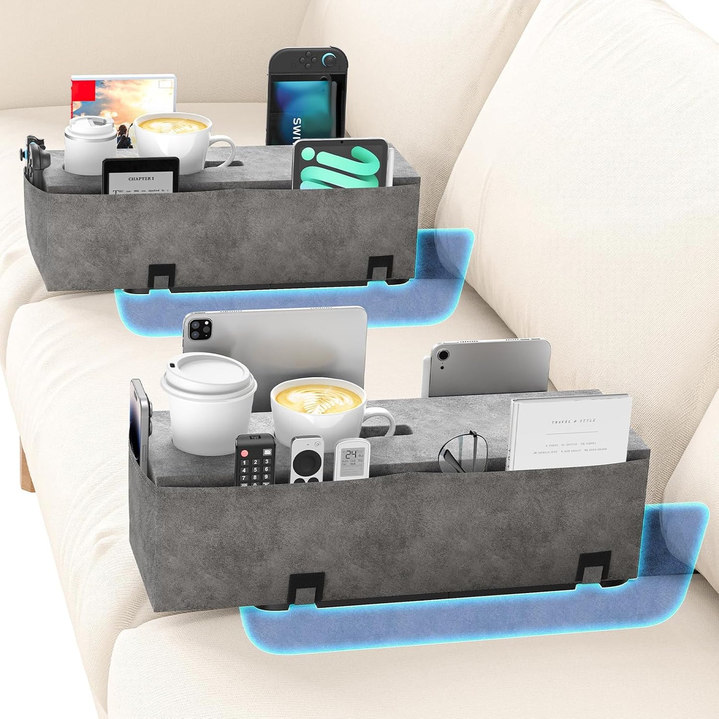 Removable Sofa Armrest Couch Caddy with Cup Holder Insert Between Cushions | Sofa Accessories Storage, Couch Armrest Pillow Table with Drink Holder