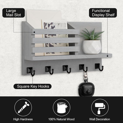 Key Holder Wall Mount, Mail Organizer for Wall with 5 Square Key Hooks | Key Holder for Wall, Key Holder with Shelf Farmhouse Home Decor for Home Entryway
