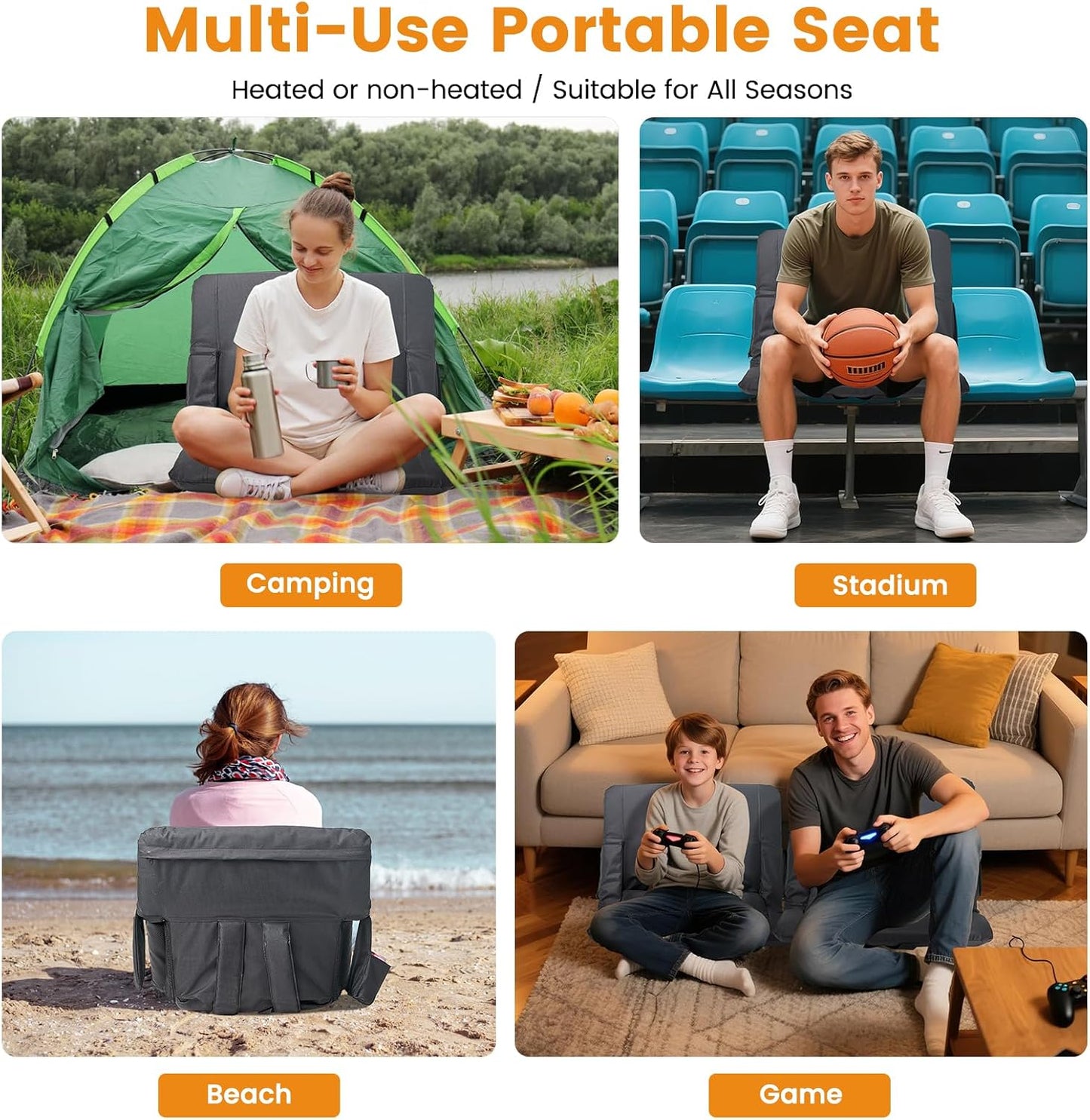 25in 5.12" Extra Thick&Wide Heated Stadium Seat for Bleachers | Sofa Style Design Thick Bleacher Chair With Back and Comfy Cushion, 6 Reclining Positions, 3 Heat Levels (NO Battery)