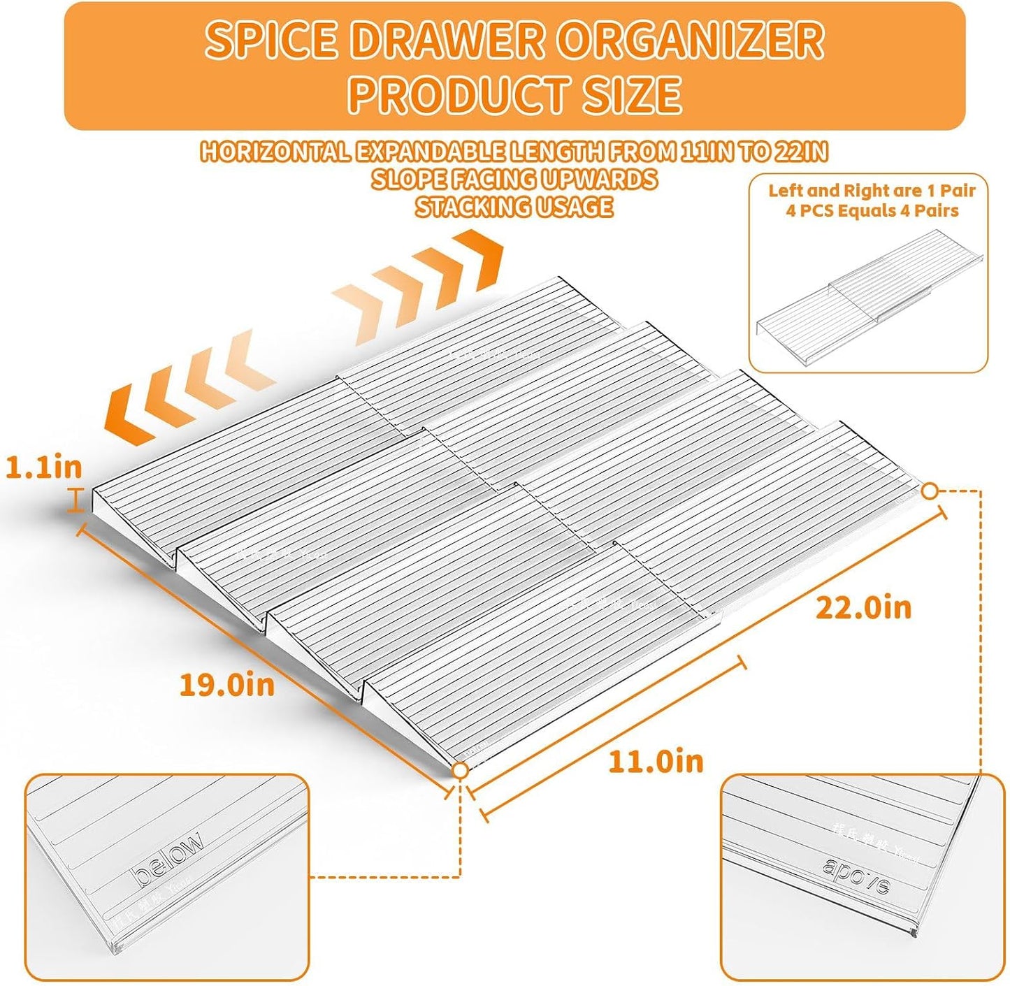 8 Pack Adjustable In Drawer Spice Organizer - Expandable From 11'' to 22'' - Acrylic Drawer Seasoning Organizer,Clear Spice Organization Tray for Cabinet Drawers Condiment,Nail Polish and Jar