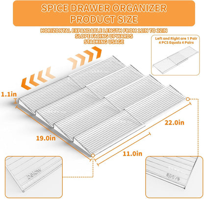 8 Pack Adjustable In Drawer Spice Organizer - Expandable From 11'' to 22'' - Acrylic Drawer Seasoning Organizer,Clear Spice Organization Tray for Cabinet Drawers Condiment,Nail Polish and Jar