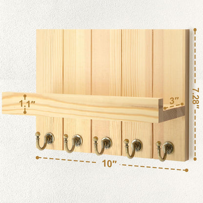 Rebee Vision Key Holder Wall Mount with 5 Key Hooks for Home Decor, Brown | 3.54'' x 10'' x 7.28'', Small Shelf for Display Plant, Key Hangers for Hat, Entryway Space-Saving Storage