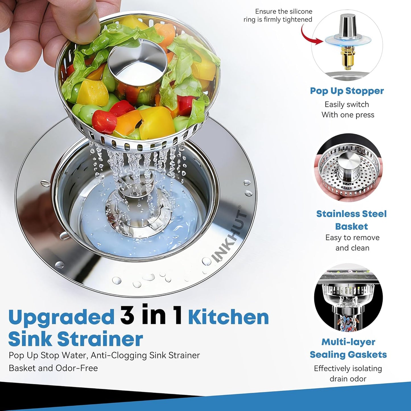 Upgraded 3 in 1 Kitchen Sink Drain Strainer | Stainless Steel Sink Stopper, Anti-Clogging Food Catcher Basket, Bounce Core Drain Strainer Plug for 3 1/2 inch Drain