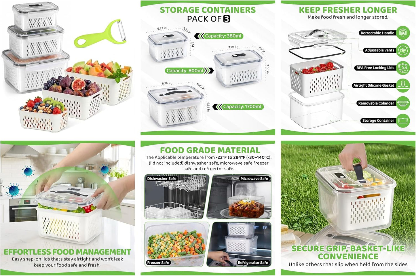 3 Pack Fridge Organizer for Fruit – Fruit Containers for Fridge with Removable Colander, BPA-Free Plastic Produce Keepers for Berry & Meat, Keeps Food Fresh Longer