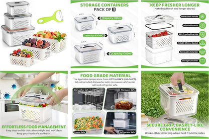 3 Pack Fridge Organizer for Fruit – Fruit Containers for Fridge with Removable Colander, BPA-Free Plastic Produce Keepers for Berry & Meat, Keeps Food Fresh Longer