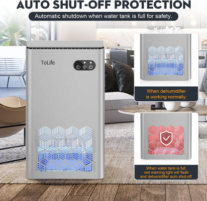 ToLife Dehumidifier for Home, 1000 sq.ft Dehumidifiers for Bedroom Bathroom Basement with 95 OZ Water Tank, Auto Shut Off 7 Colors LED Light, White Black