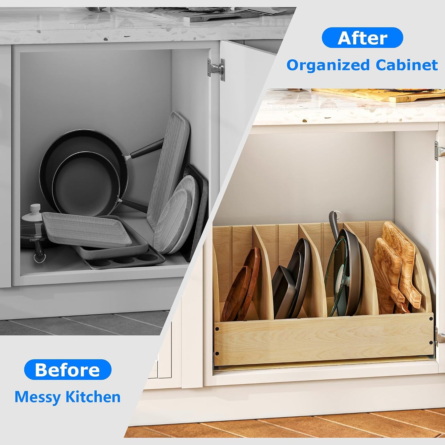 WelFurGeer Birchwood Pot and Pan Organizer with Soft-Close Drawer, Pull Out Cabinet Organizer, Heavy-Duty Slide-Out Storage for Baking Sheets, Cutting Boards, and Kitchen Utensils