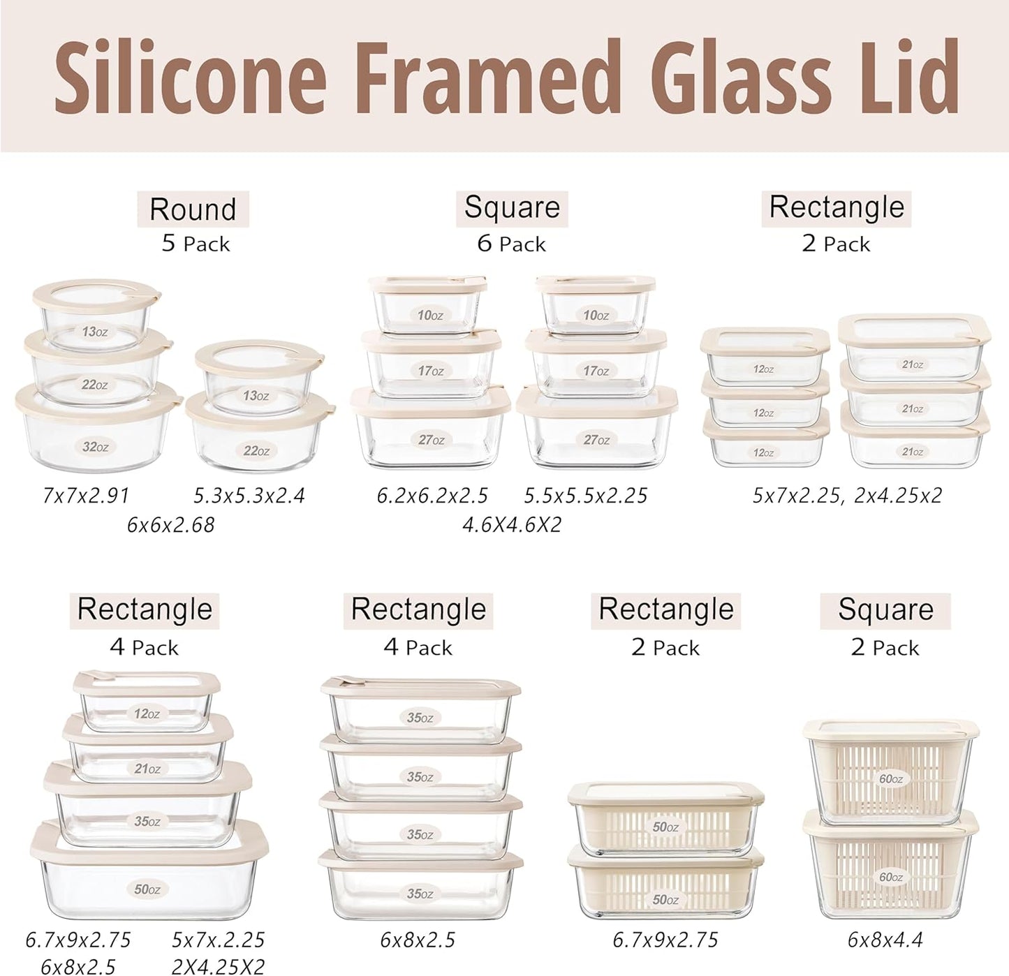 Glass Food Storage Containers with Glass Lids, Microwave Safe Food Container Set, Aitight Meal Prep Container Set, BPA Free, 2 extra Colanders, LeakProof, 2 Pack of 60oz