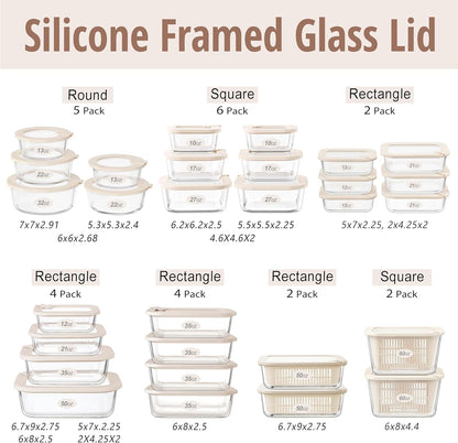 Glass Food Storage Containers with Glass Lids, Microwave Safe Food Container Set, Aitight Meal Prep Container Set, BPA Free, 2 extra Colanders, LeakProof, 2 Pack of 60oz