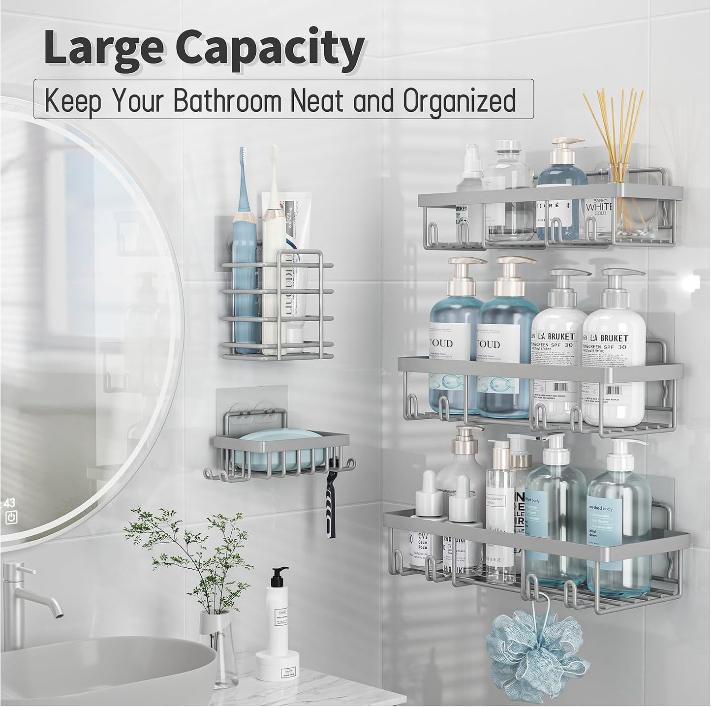 Liuoud 5 Pack Shower Caddy for Inside Shower, Gold Bathroom Storage Decor | Large Rustproof Stainless Steel Organizer with Strong Adhesive, No Drilling Wall Mounted Shelves, Bathroom Accessory Set