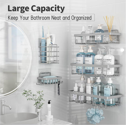 Liuoud 5 Pack Shower Caddy for Inside Shower, Gold Bathroom Storage Decor | Large Rustproof Stainless Steel Organizer with Strong Adhesive, No Drilling Wall Mounted Shelves, Bathroom Accessory Set