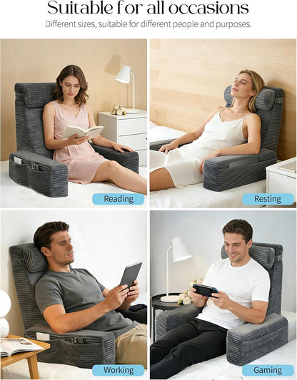 Seniny 22" Reading Pillow for Bed Sitting Up - Back Support Pillow with Armrests & Big Pockets, Soft Husband Pillow for Adults, Washable Bed Chair Pillow Cover, Backrest Pillow for TV, Couch, Nursing