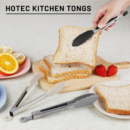 Hotec Mini Silicone Kitchen Tongs for Cooking - 7-Inch Small Serving Tongs with Silicone Tips, Set of 3 (Black,Grey,Light Blue)