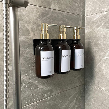 3 Pack Wall Mount Shower Dispenser, No Drill, 16 Waterproof Labels | Shampoo Dispenser for Shower Wall, Shampoo and Conditioner Dispenser, Bathroom, 17oz, Gold Amber