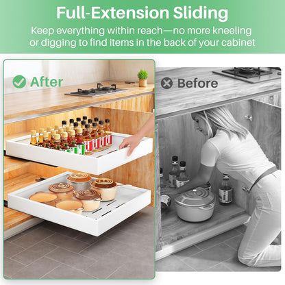 Pull out Cabinet Organizer, 21"Deep, Heavy Duty Full-Extension Slide out Drawers for Kitchen Cabinets with Nano Adhesive, Roll Out Shelf Sliding Cabinet for Pots, Bathroom, Pantry, Under Sink, White