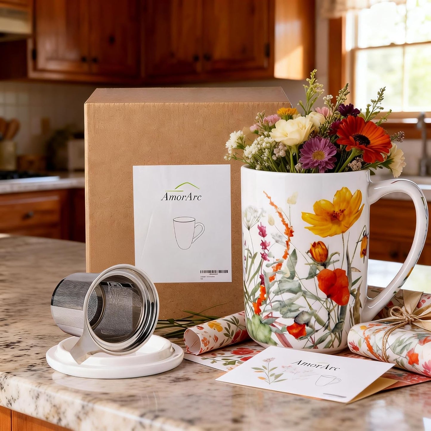 AmorArc Tea Cup With Infuser and Lid, 18oz Loose Leaf Tea Mug With Steeper | Porcelain Tea Mug With Infuser and Lid, Large Strainer Tea Cup with Lid for Tea, Coffee Mug for House-warming Birthday Gift