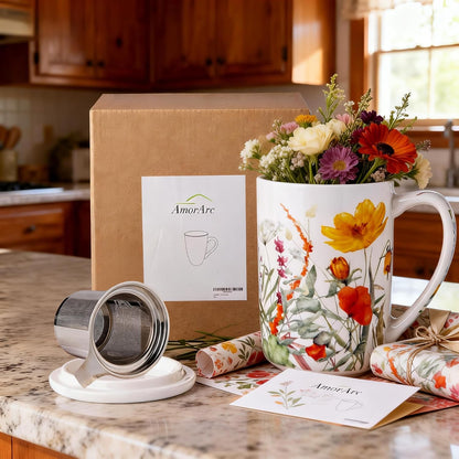 AmorArc Tea Cup With Infuser and Lid, 18oz Loose Leaf Tea Mug With Steeper | Porcelain Tea Mug With Infuser and Lid, Large Strainer Tea Cup with Lid for Tea, Coffee Mug for House-warming Birthday Gift