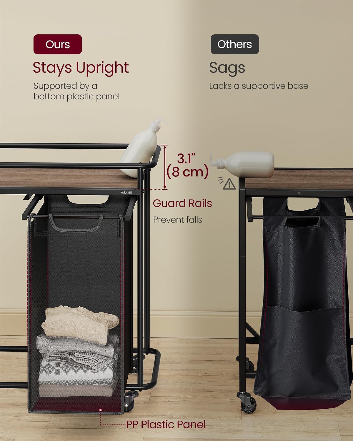 VASAGLE Laundry Sorter with Wheels, 39.6 Gal., 4 Removable Liners | Portable Laundry Cart with Shelf, 150 L, 6 Labels, Ink Black and Chestnut Brown, STEVIE Collection URLS100BH01S