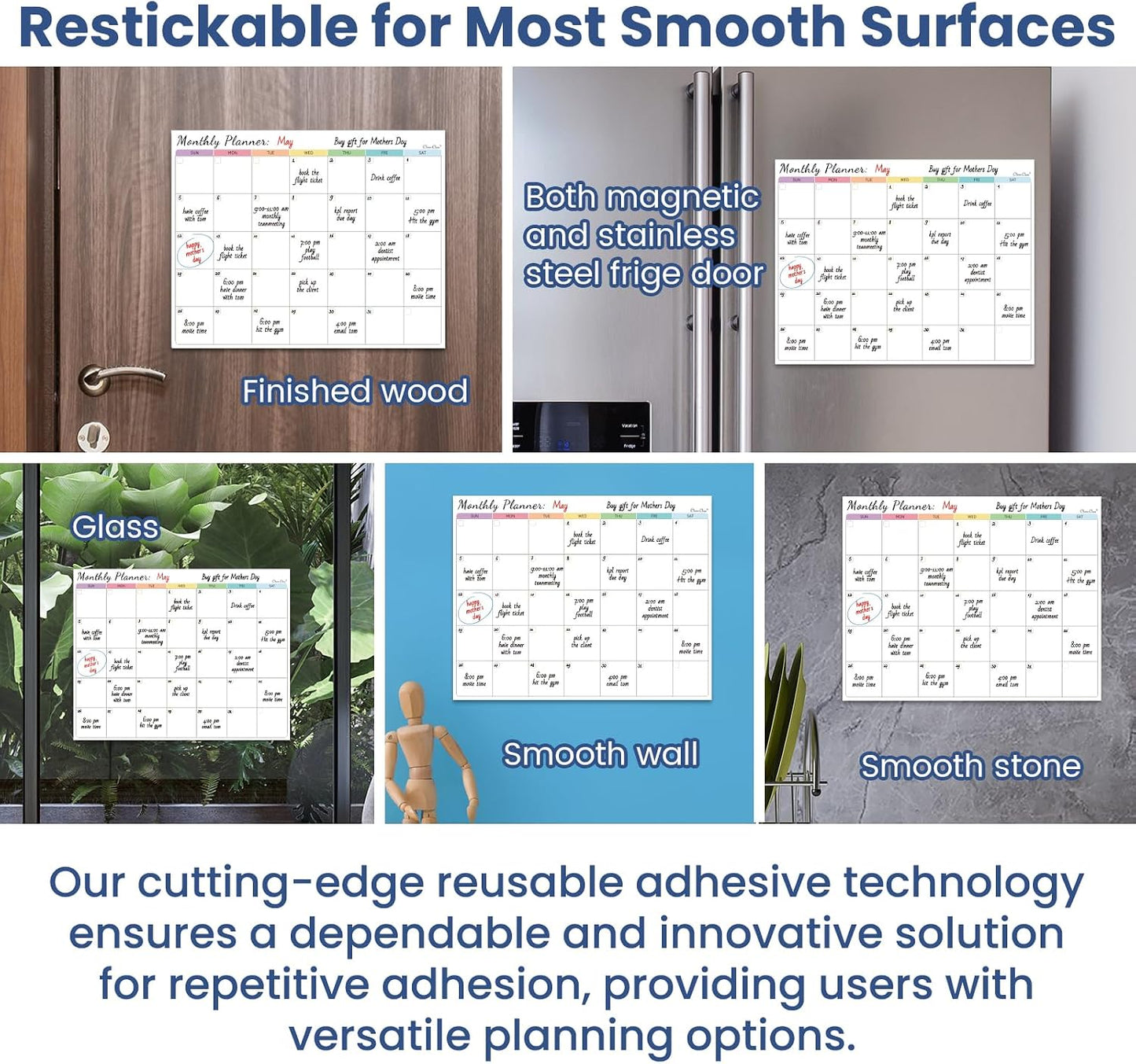 Non-Magnetic Dry Erase Calendar Set for Fridge - Reusable Monthly and Weekly Calendar Sticks to Most Smooth Surfaces - 6 Dry Erase Markers Included - Shipped Flat