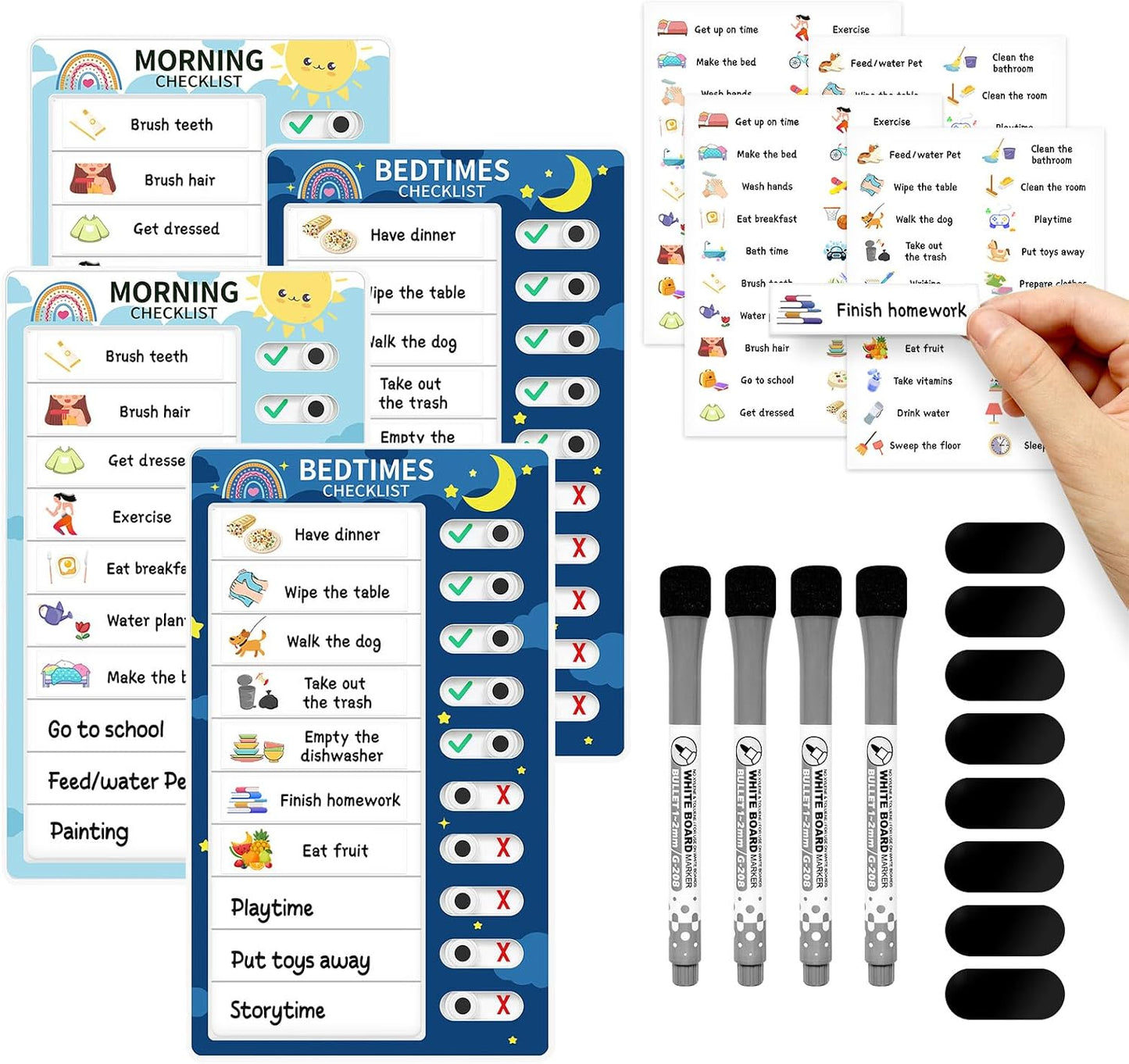 Chore Chart for Kids: Dry Erase Visual Schedule, Magnetic Bedtime/Morning Routine Chart - Toddler Chore Board, Checklist, To Do List for Kids (2 morning checklists, 2 bedtime checklists)